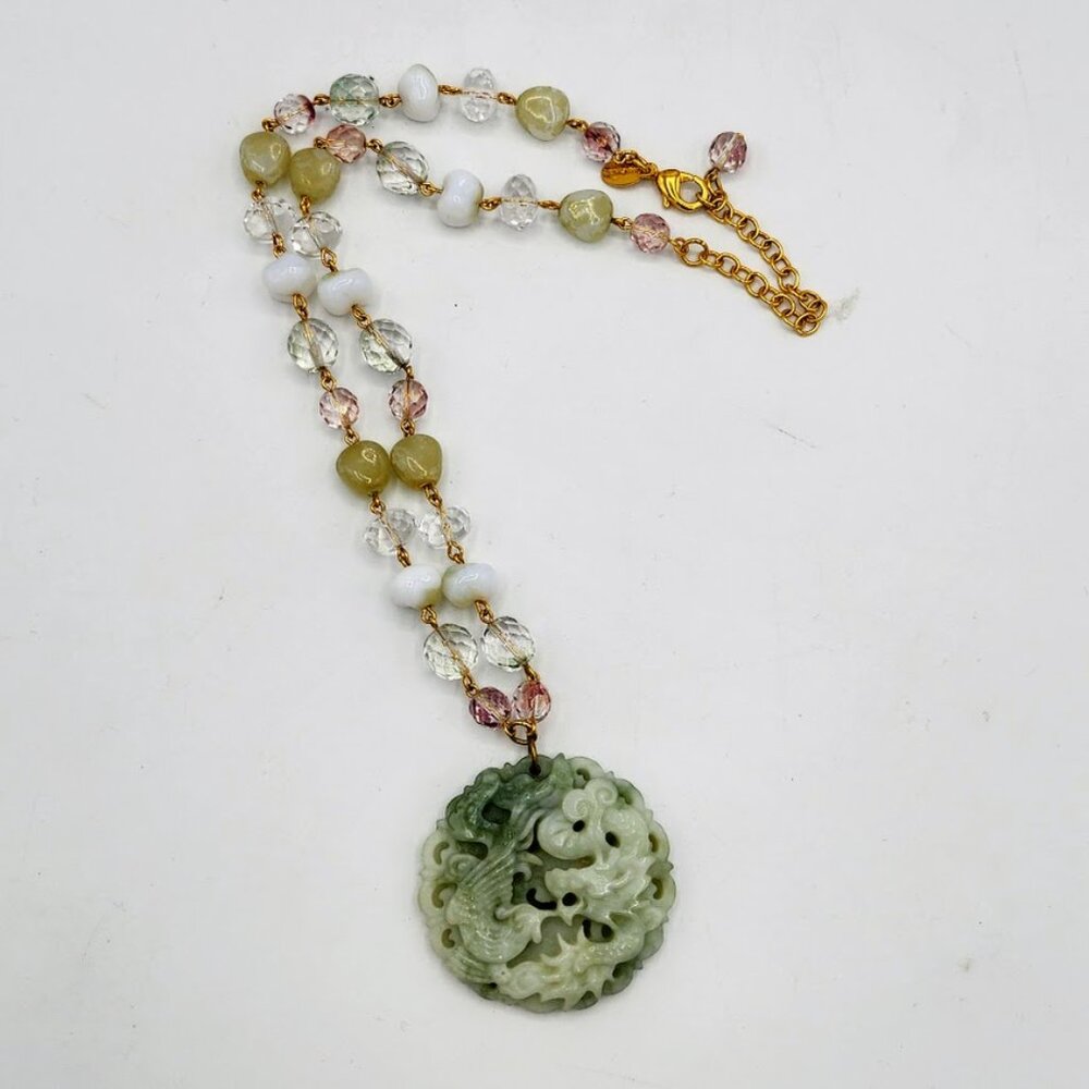 Vtg Joan Rivers Carved Faux Jade Koi Fish & Dragon Quartz Pendant Necklace